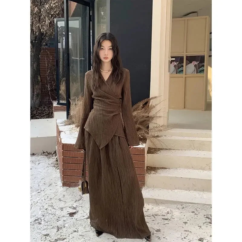 Brown Pleated Two-Piece Set