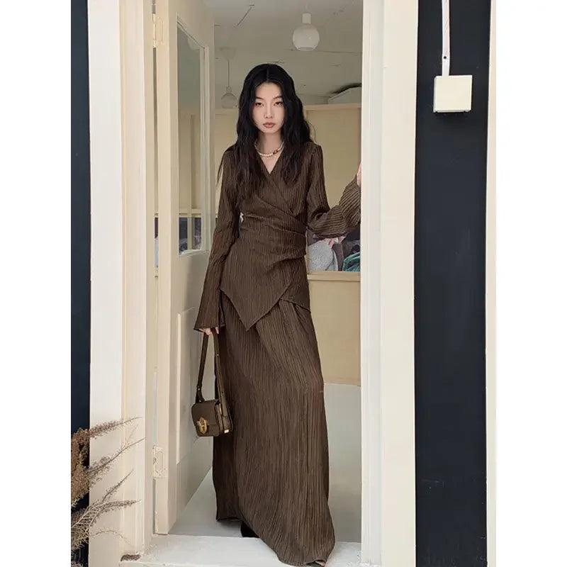 Brown Pleated Two-Piece Set