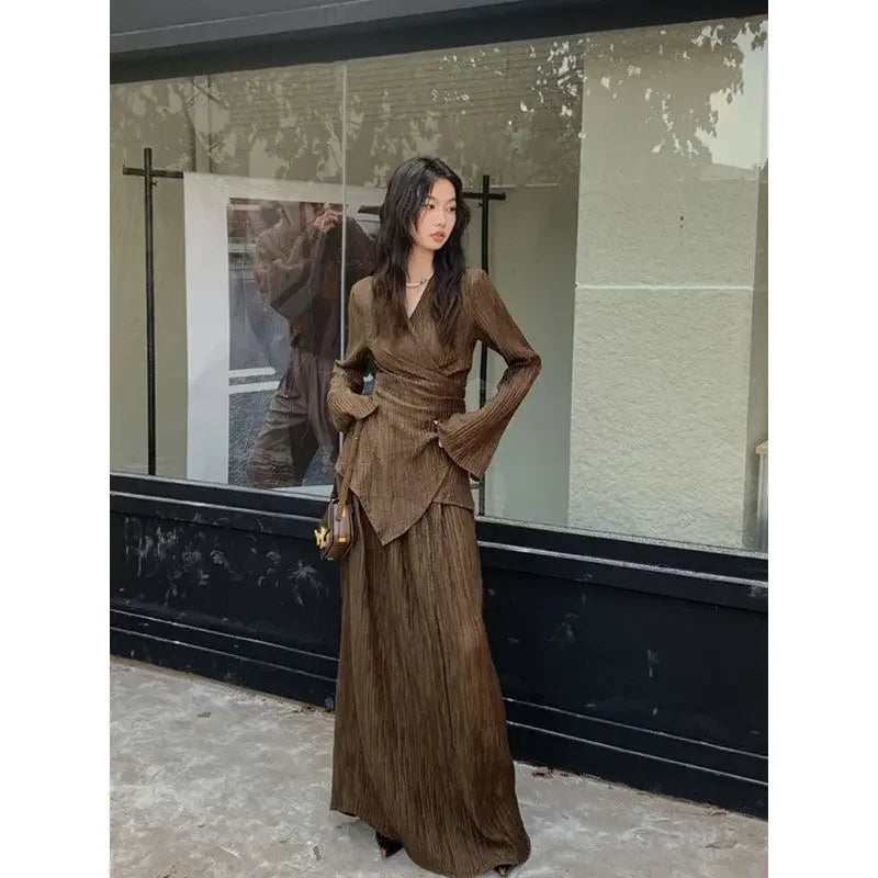 Brown Pleated Two-Piece Set