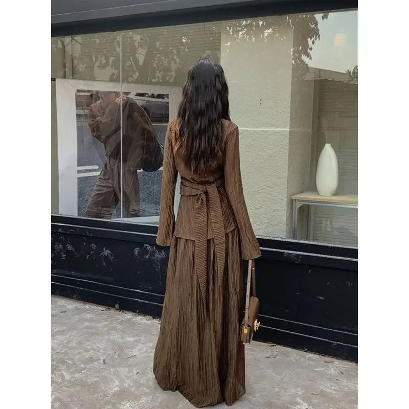Brown Pleated Two-Piece Set