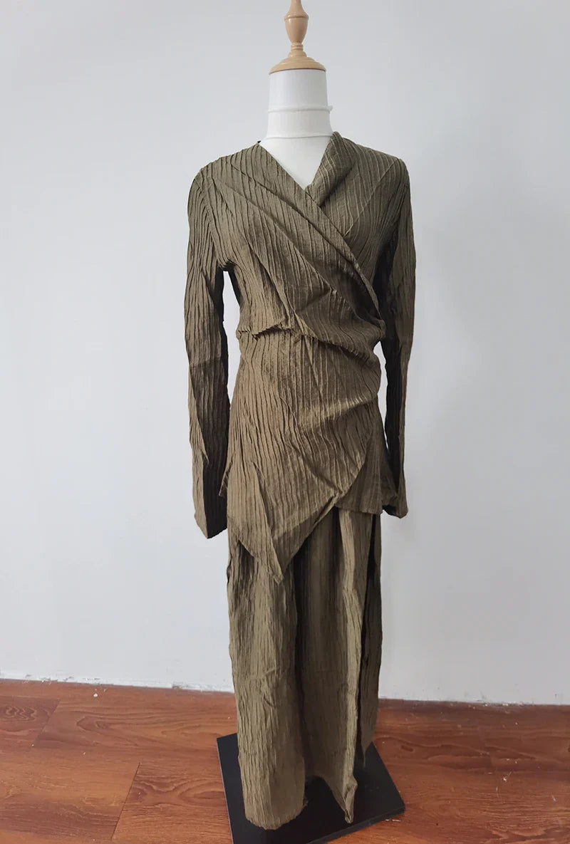 Brown Pleated Two-Piece Set