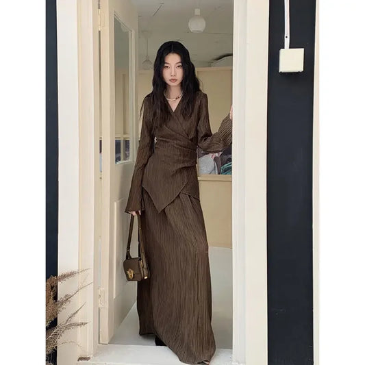 Brown Pleated Two-Piece Set
