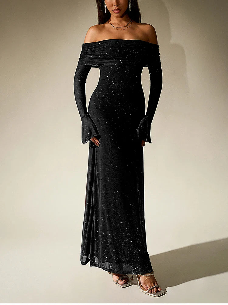 Sequin Off-Shoulder Maxi Dress