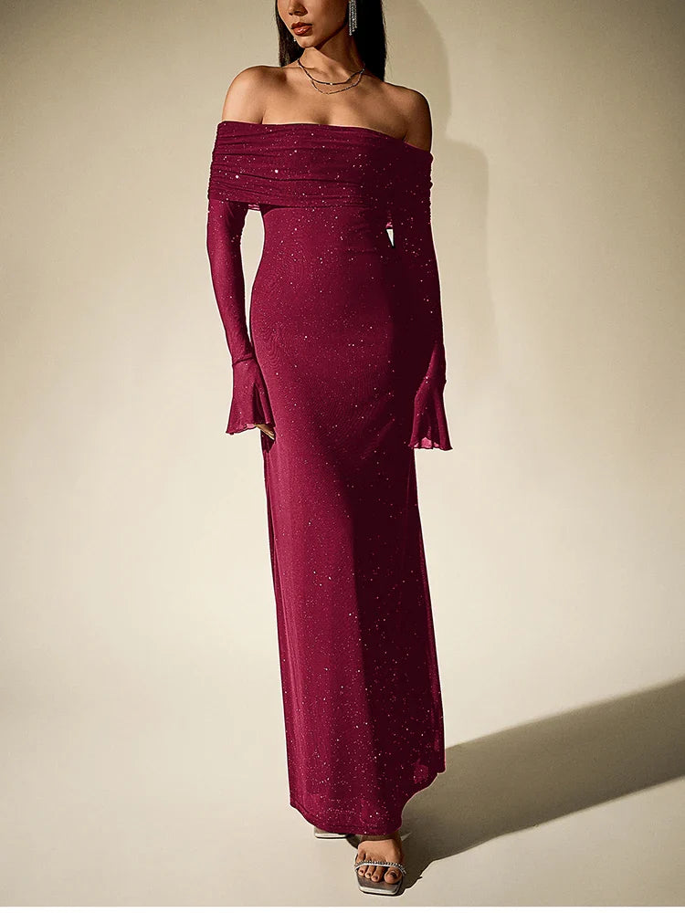 Sequin Off-Shoulder Maxi Dress