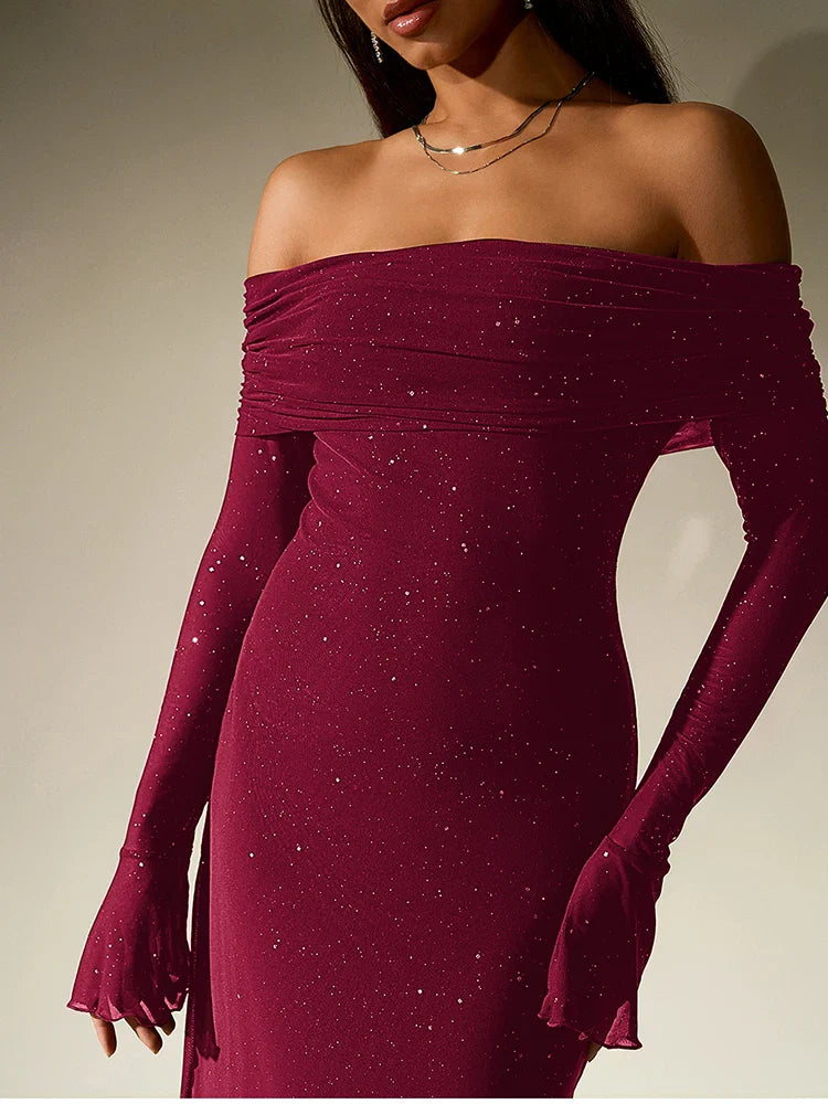 Sequin Off-Shoulder Maxi Dress