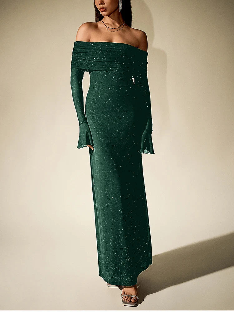 Sequin Off-Shoulder Maxi Dress