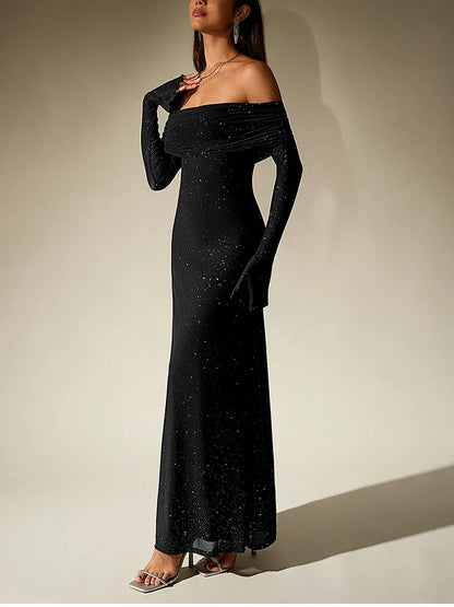 Sequin Off-Shoulder Maxi Dress